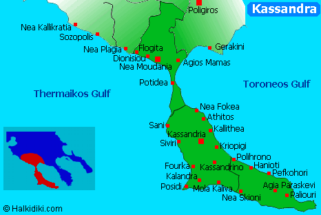 Map of Kassandra, Halkidiki, Greece